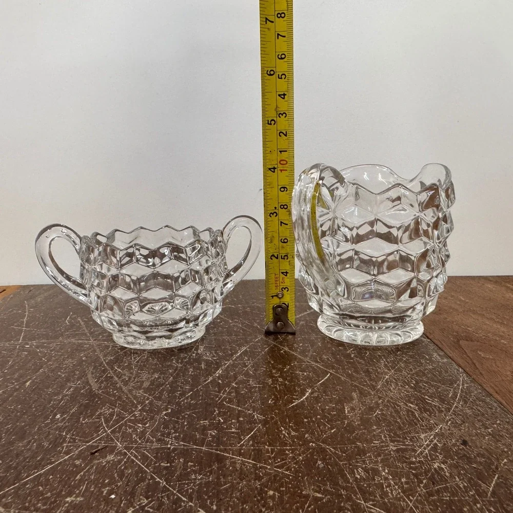Vintage Clear‎ Glass Creamer & Sugar Set Cubist Pattern Serving Set